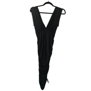 Navy Blue ASOS Design Women's Deep Plunge Seamed Ruched Midi Dress